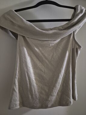 Express Shimmery Ribbed Off-Shoulder Top in Light Beige/Gold Tone